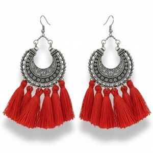 Bohemian Silver-Tone & Red Tassel Drop Earrings